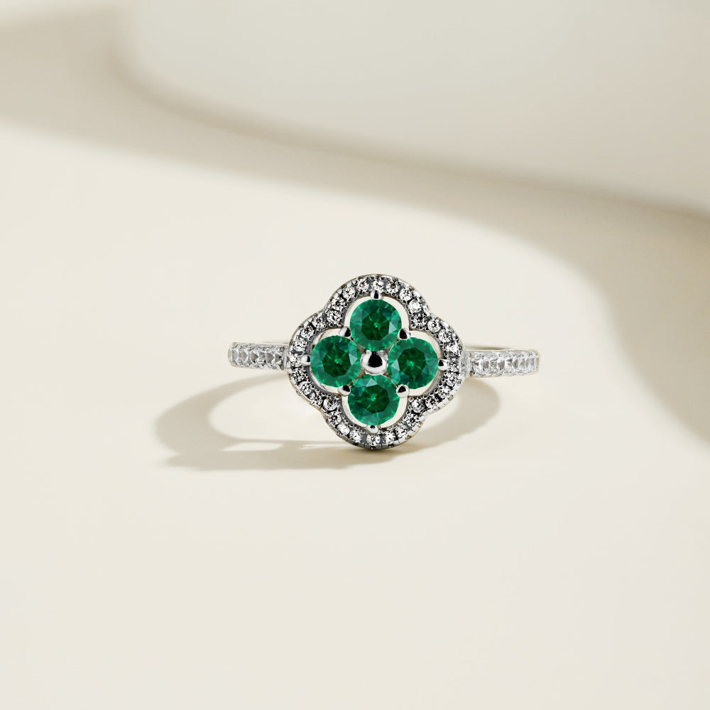 Women's S925 Silver White Gold Tone Ring, Four-Leaf Clover Shape Green Cubic Zirconia Halo Ladies Fashion Ring