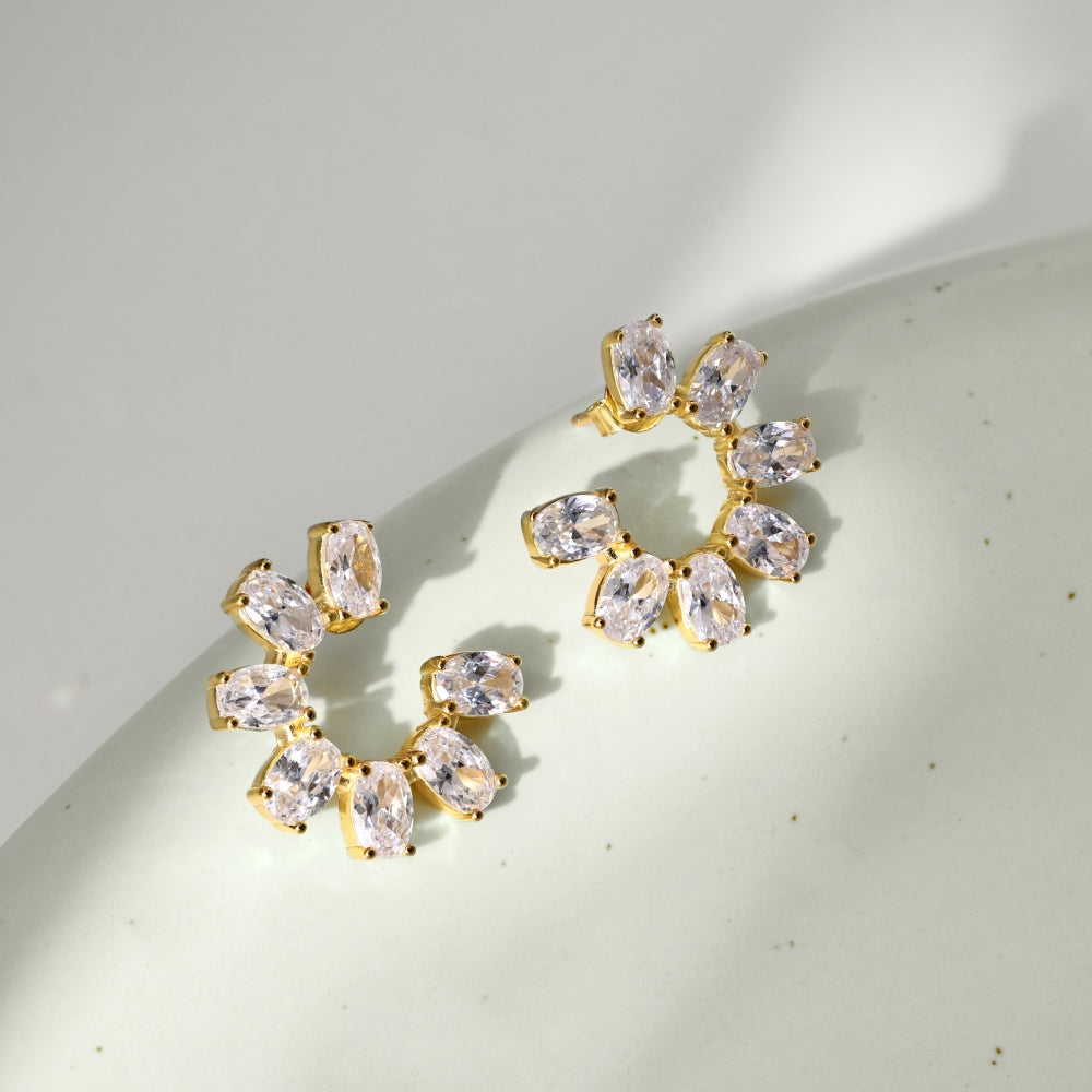 Women's Sunflower Hoop Earrings, Paved Oval Zirconia, S925 with 18K Gold Plating