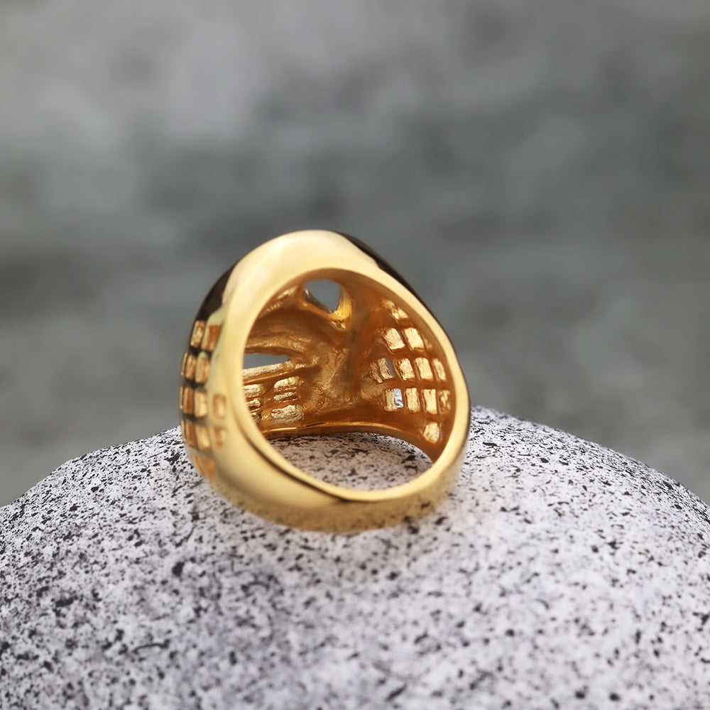 Gold Plated Stainless Steel Iced Out Hollow Cast Horse Head Hip Hop Ring for Men
