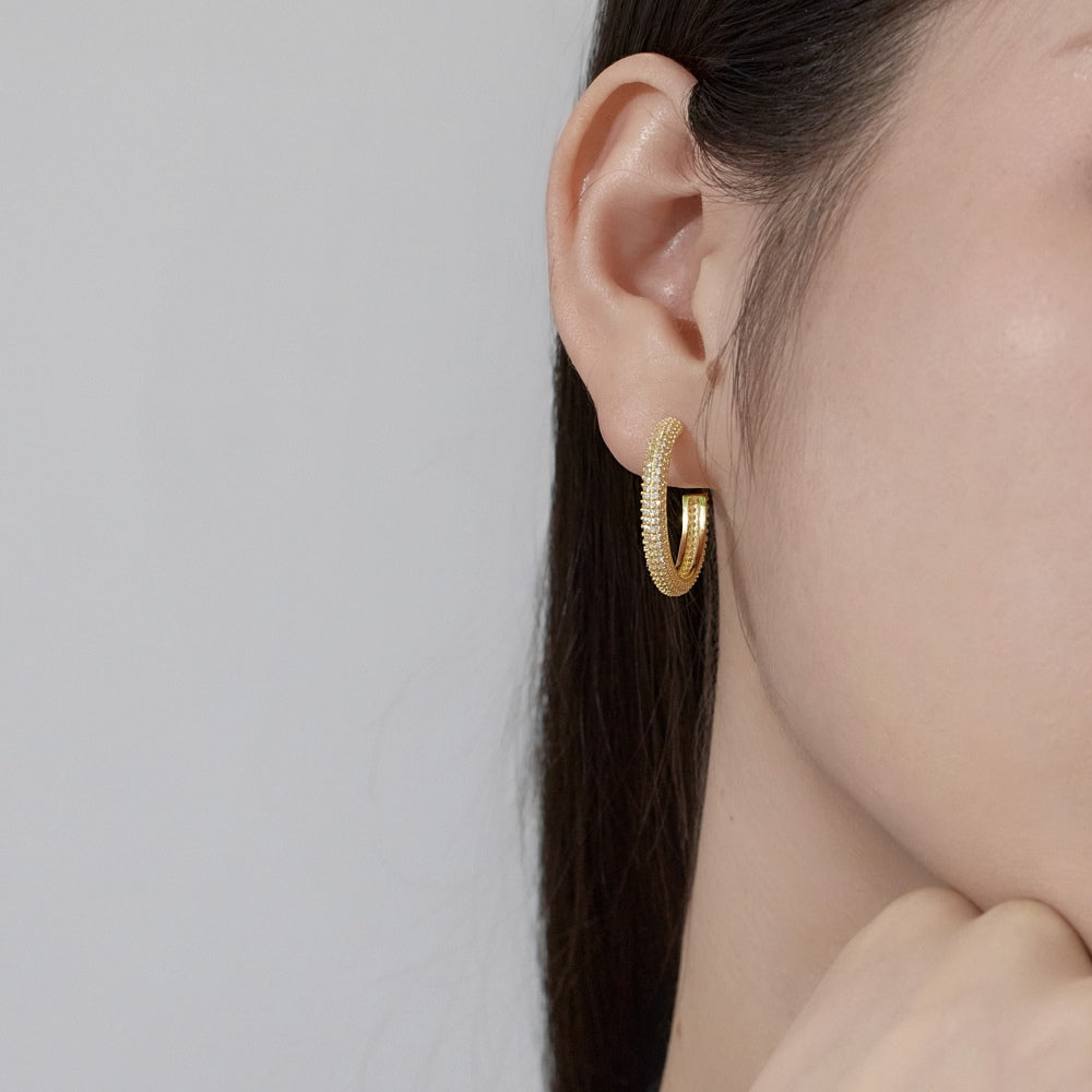 Women's Delicate 20 mm Round Huggie Earrings, Full Paved Round Zirconia, S925 with 18K Gold Plating