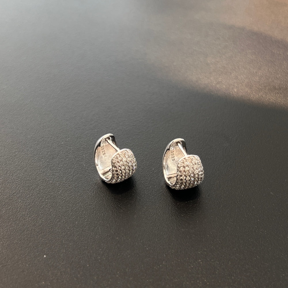 Women's U‑Shape Hoop Earrings, Paved Round Colorless Zirconia Inlaid, Delicate Compact Style, S925 with White Gold Plating