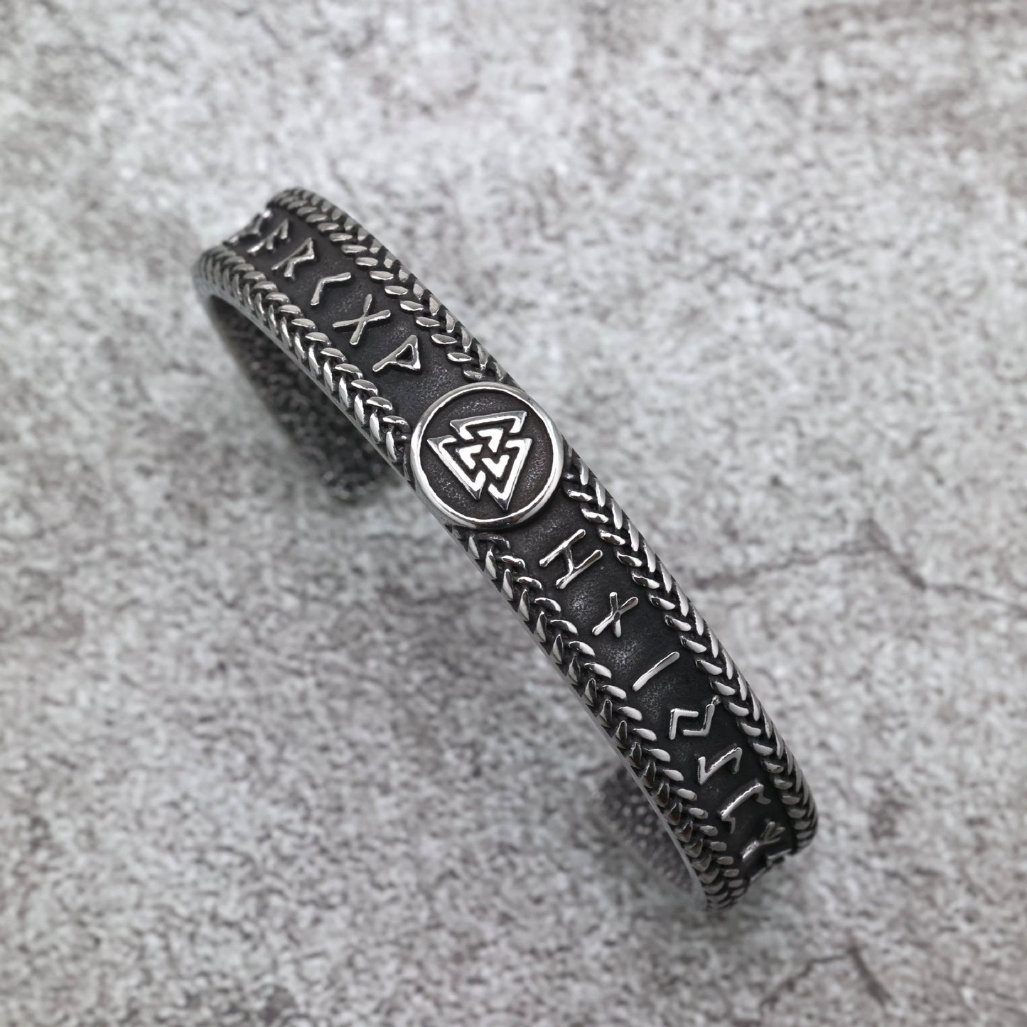 Vintage Viking Symbols Solid Stainless Steel Open C Bracelet for Men, European Retro Cuff Bangle