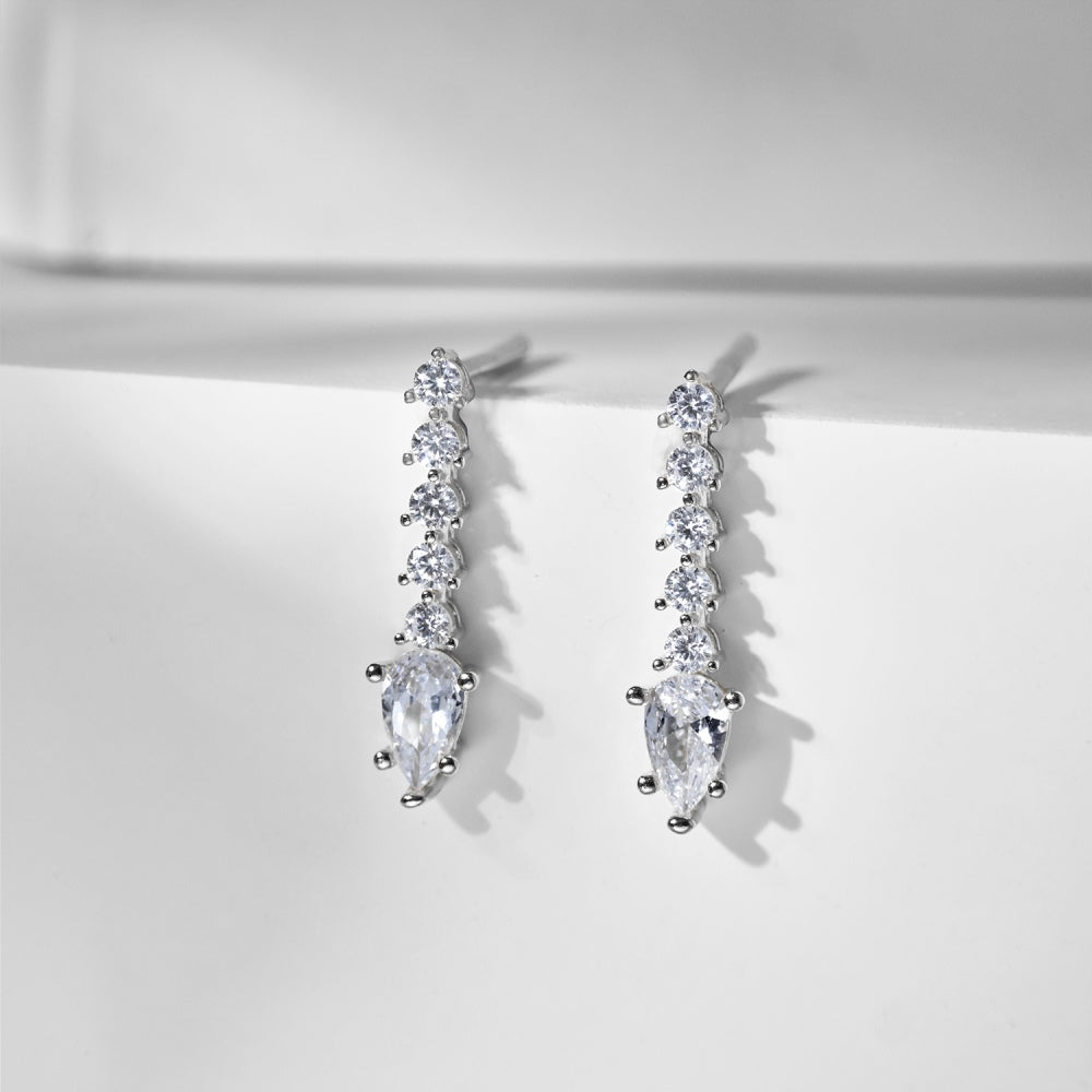 Women's Linear Drop Earrings, Pear‑Shape Center Stone Accompanied by Paved Round Zirconia, S925 with White Gold Plating