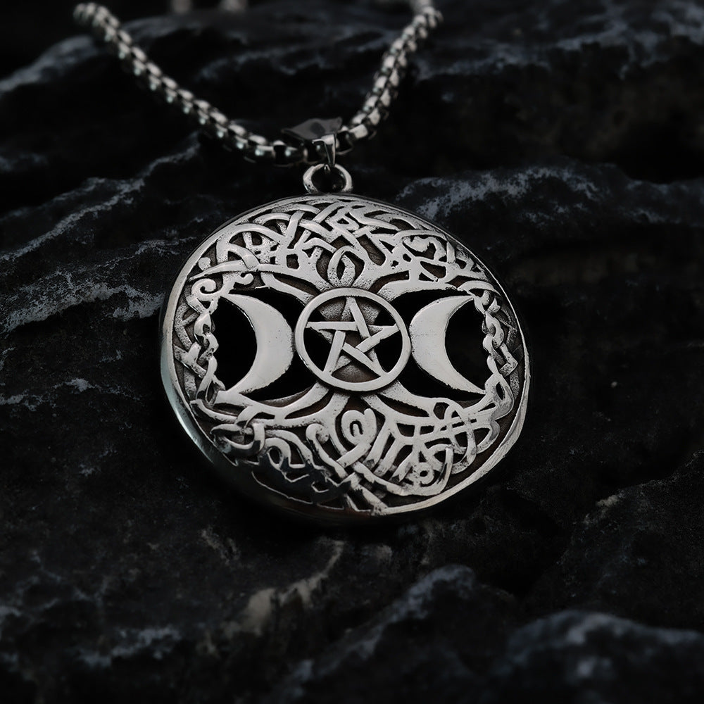 Men's Steel Triple Moon Tree of Life Pentagram Round Tag Pendant Necklace