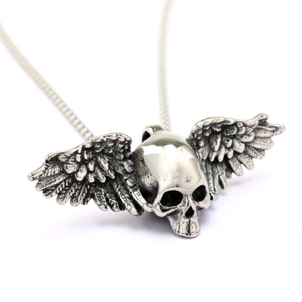 Men's Steel 3D Relief Winged Skull Pendant Necklace