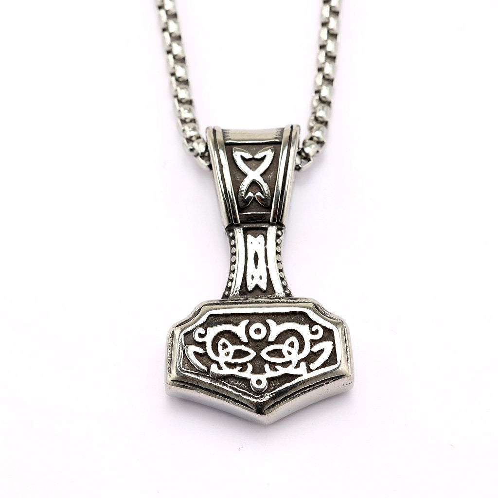 Vintage Antique Oxidized Stainless Steel Men's Viking Mjolnir Rune Totem Pendant Necklace