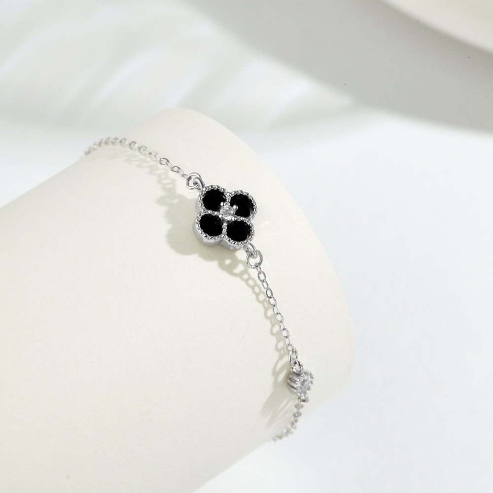 Women's Bracelet, Black Shell Inlaid Clover With Black Onyx & Zirconia, S925 with White Gold Plating
