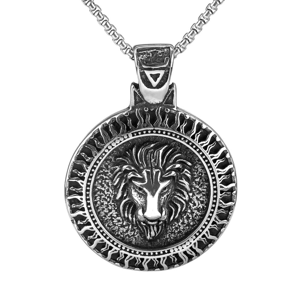 Men's Steel Lion Head Round Pendant Necklace