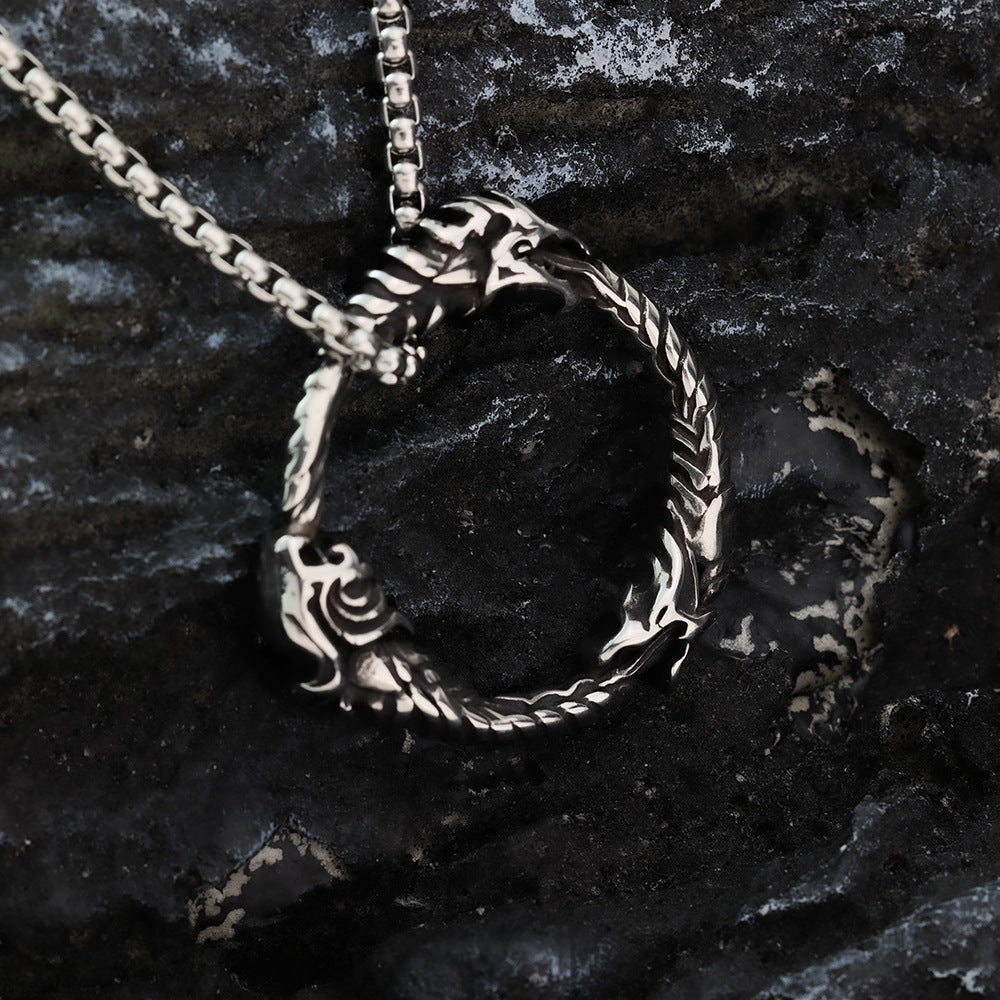 Men's Steel Ouroboros Dragon Ring Shape Pendant Necklace