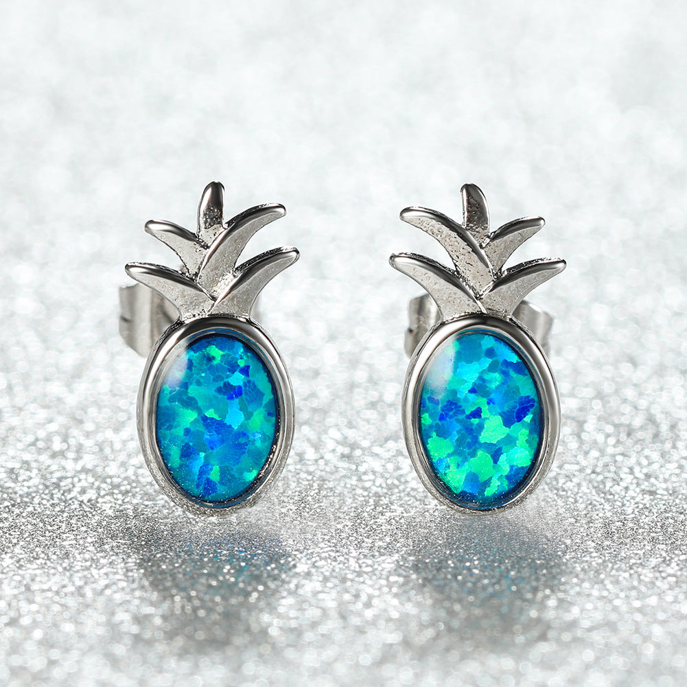 Women's Pineapple‑Shape Oval Blue & White Opal Stud Earrings