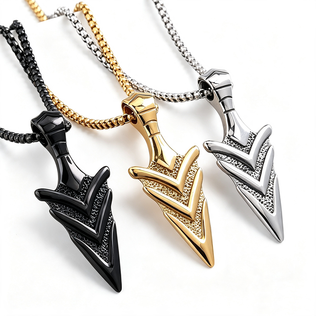 Vintage Stainless Steel Men's 3D Arrowhead Pendant Necklace