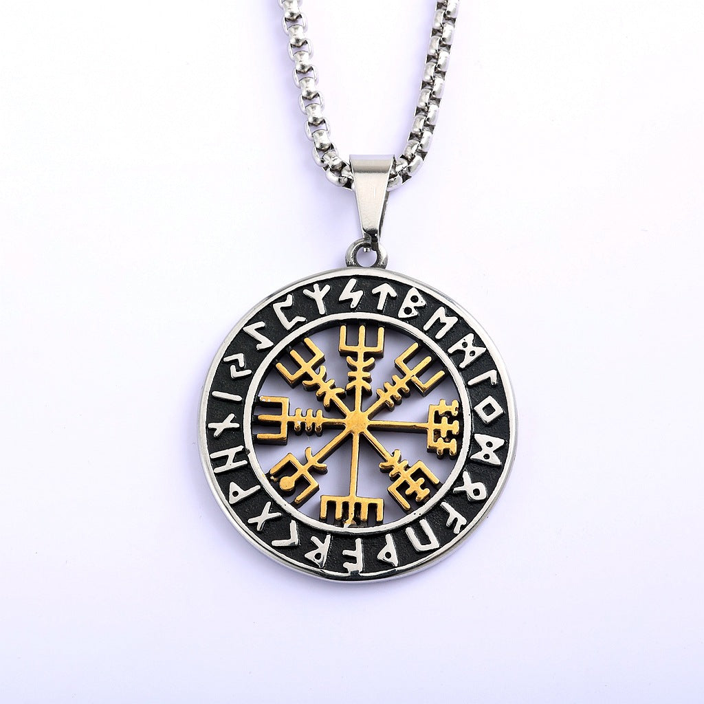 Vintage Stainless Steel Men's Viking Compass Double Sided Pendant Necklace