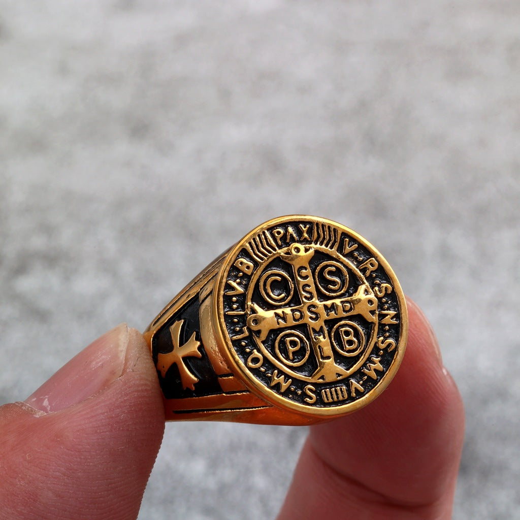 Vintage Gold Plated Stainless Steel Saint Benedict Exorcism Cross Round Signet Ring for Men
