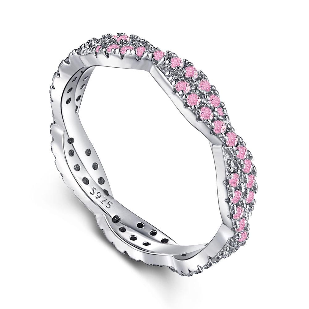 Women's Pink Round Zirconia Paved Fashion Wedding Ring, S925 with White Gold Plating