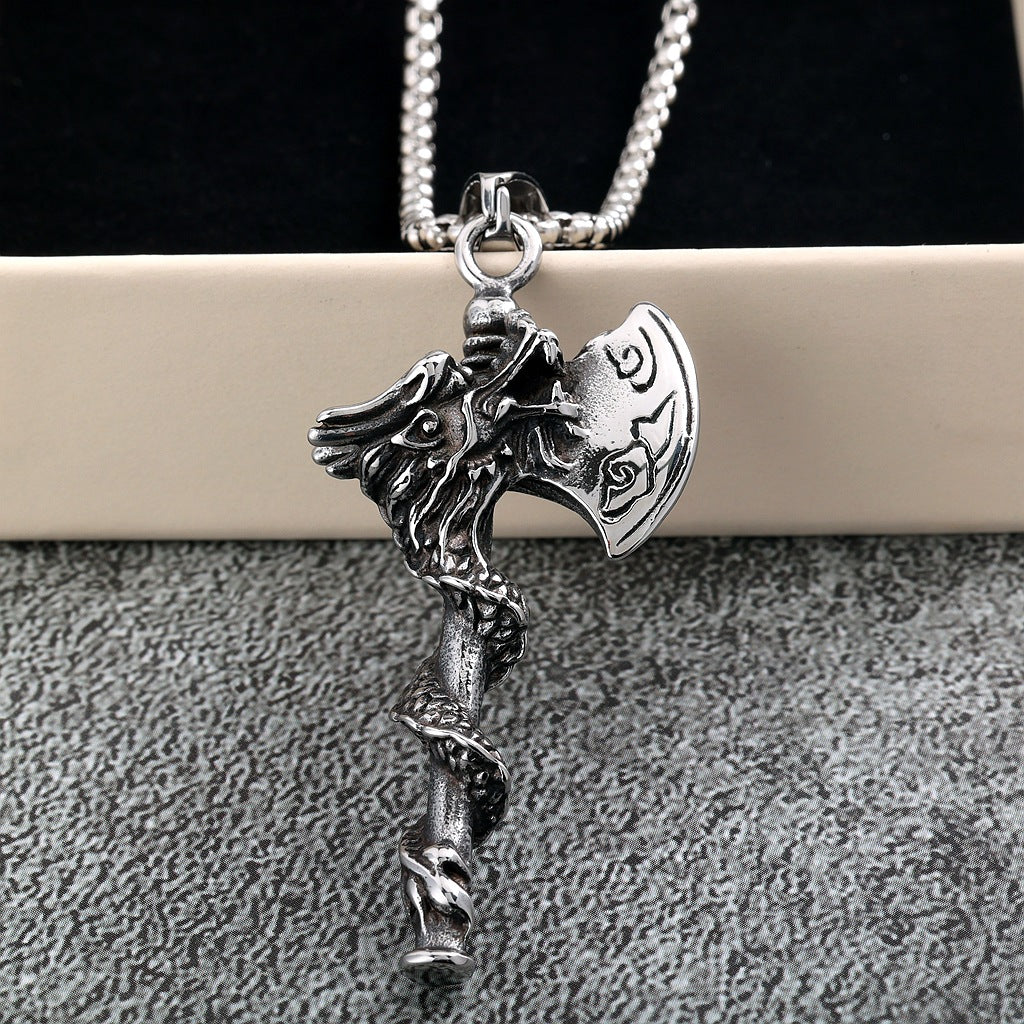 Mens Steel Dragon Axe Pendant Necklace