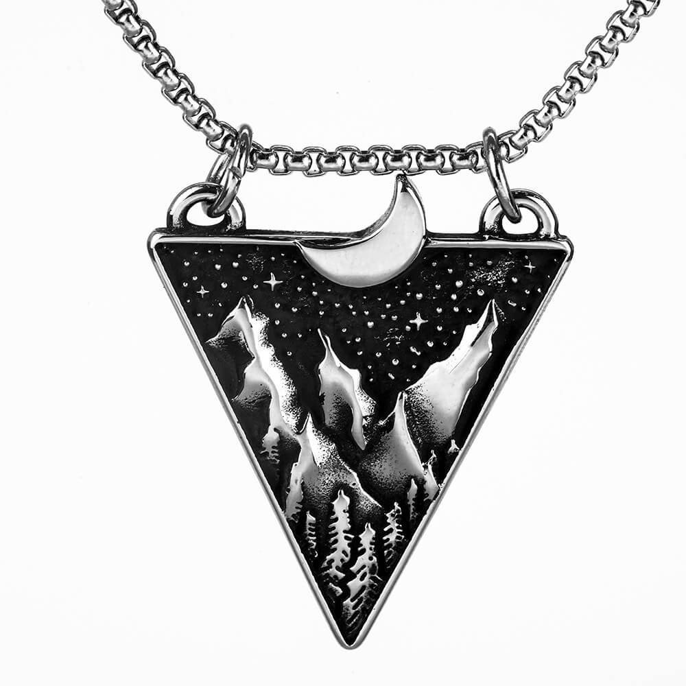 Mens Steel Triangle Mountain Moon Star Pendant Necklace