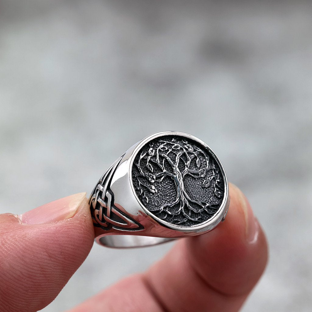 Vintage Polished Stainless Steel Viking Tree of Life Pattern Ring for Men