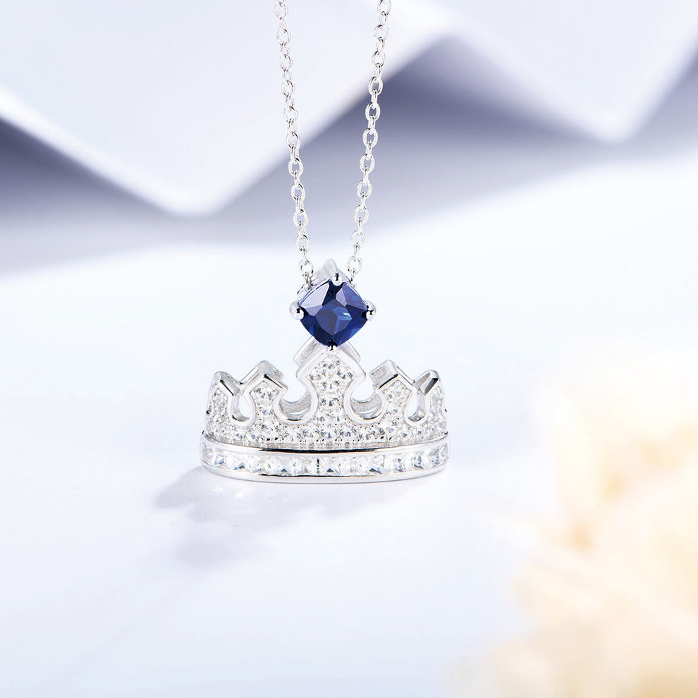 Women's Sterling Silver Necklace with Square Blue Sapphire Full Diamond Crown Pendants