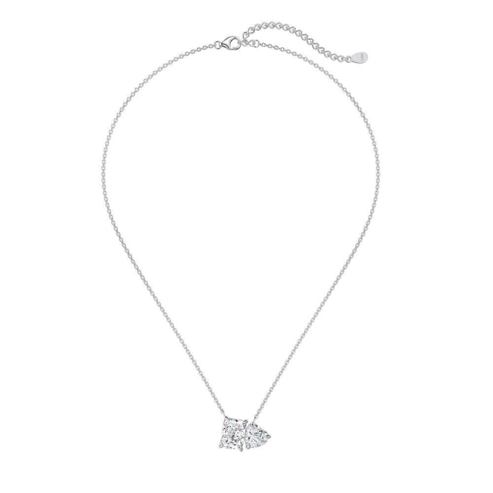 Women's Dual Main Stone Pendant Necklace, Rectangle & Heart Shape Zirconia Inlay, S925 with White Gold Plating