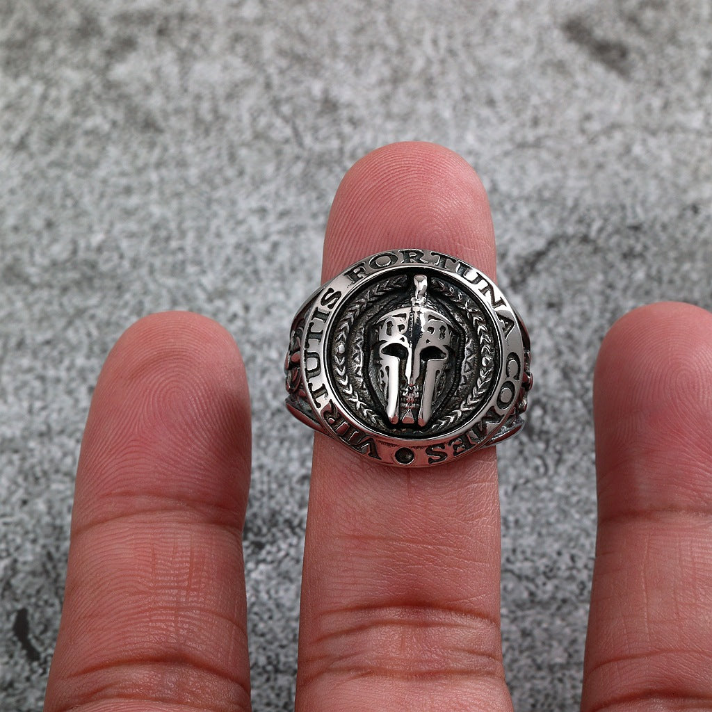 Vintage Stainless Steel Spartan Helmet Ring Engraved Virtutis Fortuna Comes for Men