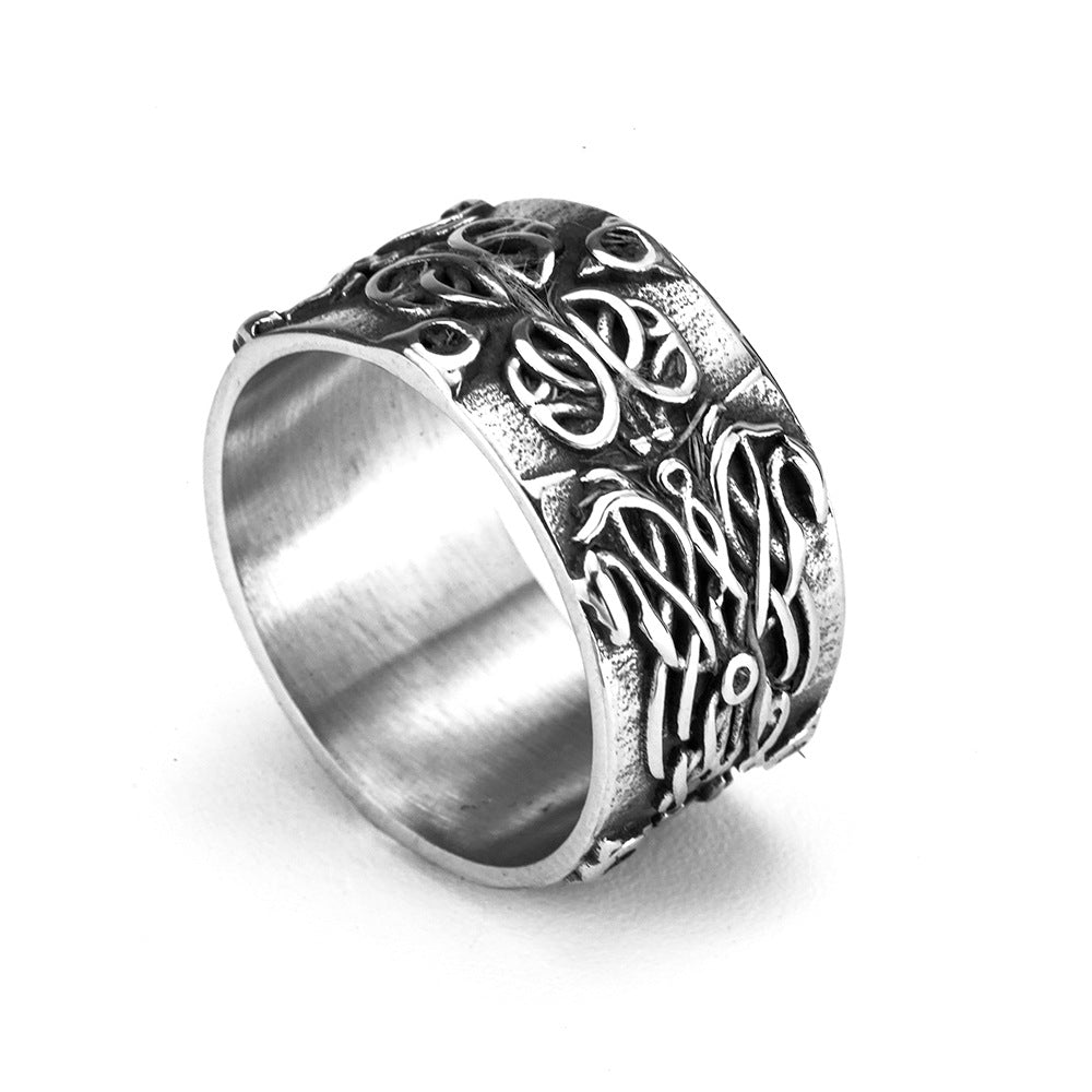 Vintage Antique Oxidized Solid Stainless Steel Celtic Knot Embossed Wide Circle Band Ring for Men