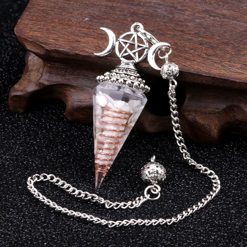 Three-phase moon seven-colored crushed stone resin crystal hexagonal pyramid spirit pendulum