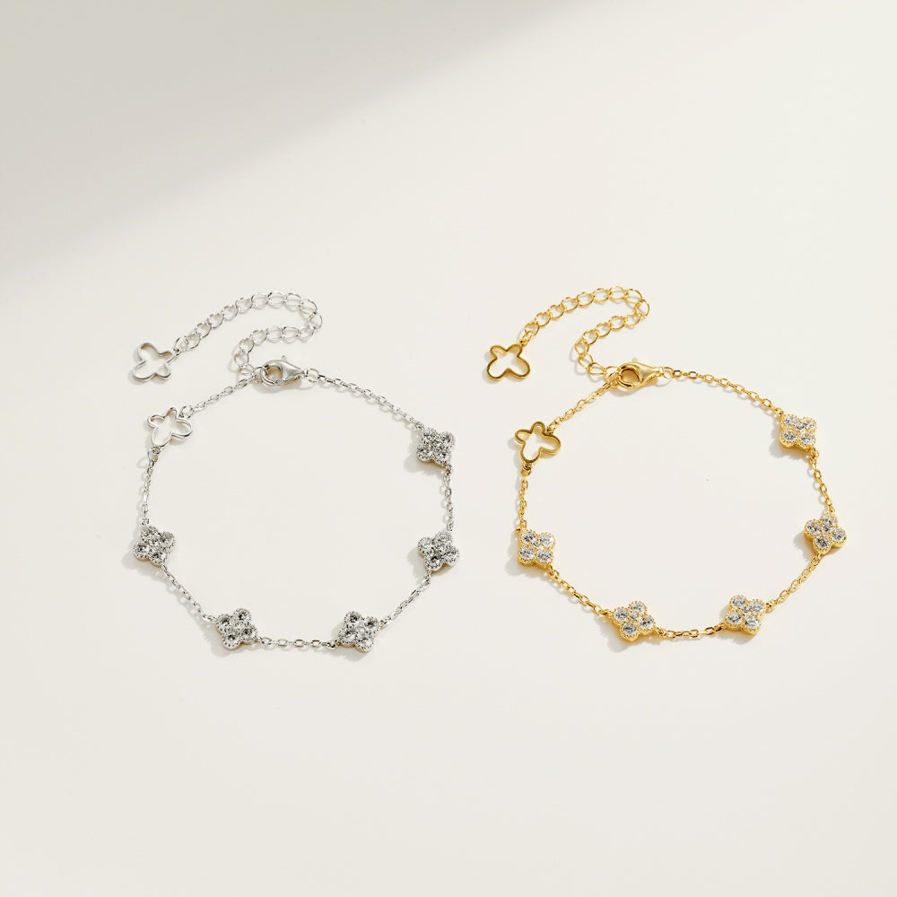 Women's Fashion Exquisite Bracelet, Round Zirconia Inlaid Clover & Hollow Butterfly Design, S925 with White Gold Plating