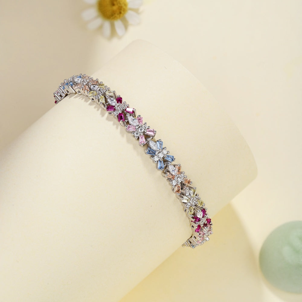Women's Delicate Bracelet, Petal Shape Design Multicolor Baguette Zirconia Inlay, S925 with White Gold Plating