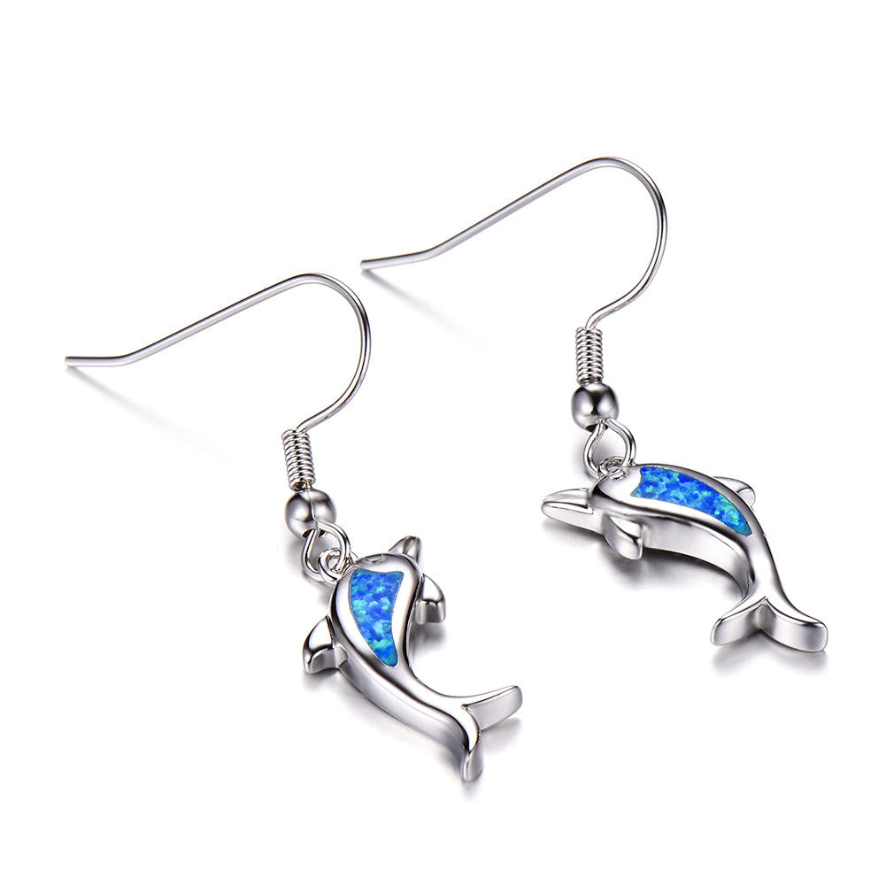 Women's Dolphin‑Shape Blue Opal Dangle Earrings, White Gold Plating