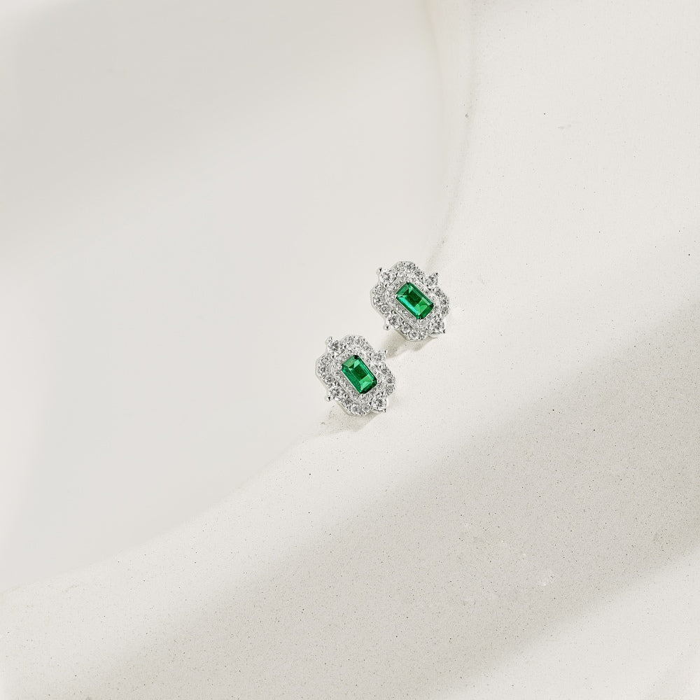 Women's Vintage Double Halo Stud Earrings, Rectangle Emerald Center Stone, S925 with White Gold Plating