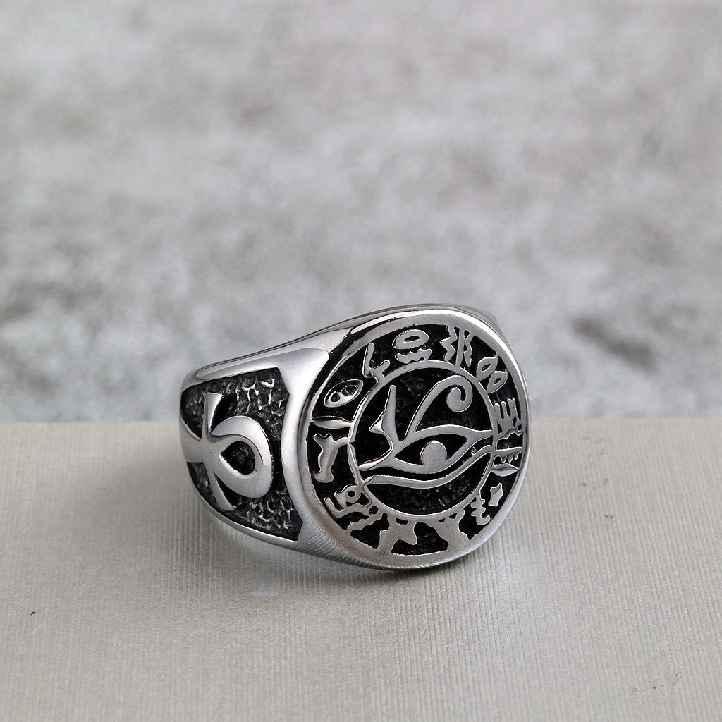 Vintage Solid Stainless Steel Ancient Egyptian Eye of Horus Cross Round Ring for Men