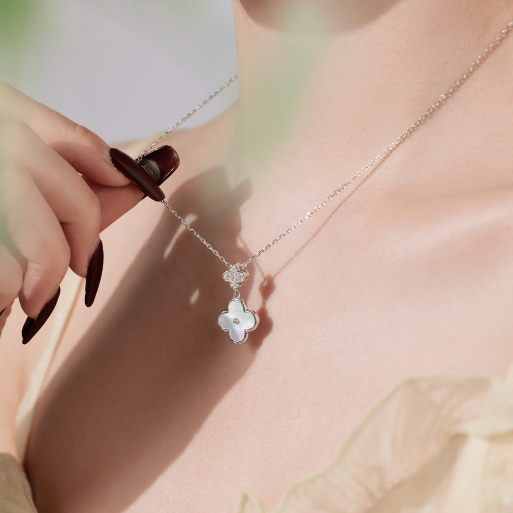 S925 Four-Leaf Clover Necklace, White Round Zirconia & White Mother of Pearl Inlaid Niche Minimalist Jewelry