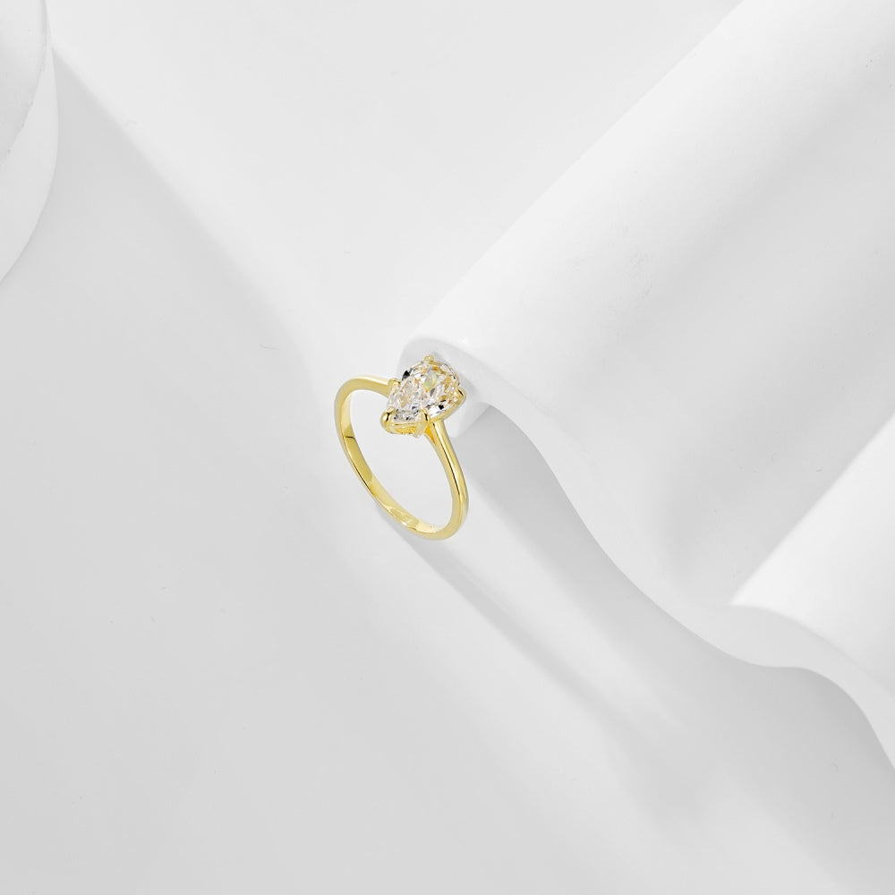 Women's Pear Shape Ice Flower Cut Zirconia Paved Simple Ring, S925 with Gold Plating