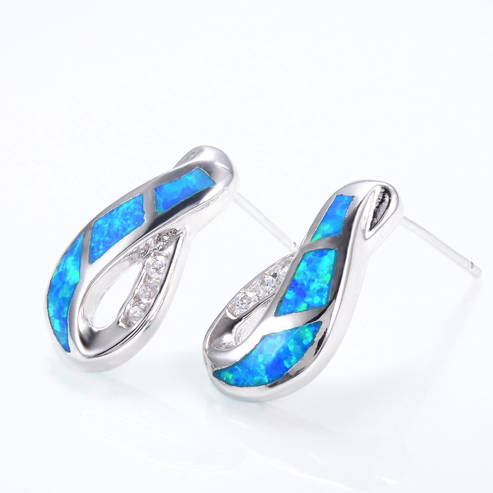 Women's Twisted Hollow Inlaid Blue Opal Stud Earrings With Zirconia Accents