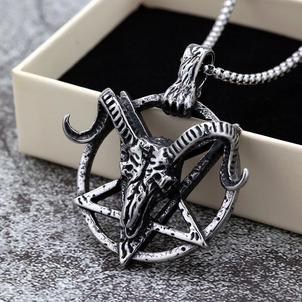 Vintage Stainless Steel Hollow Goat Head Pendant Necklace for Men