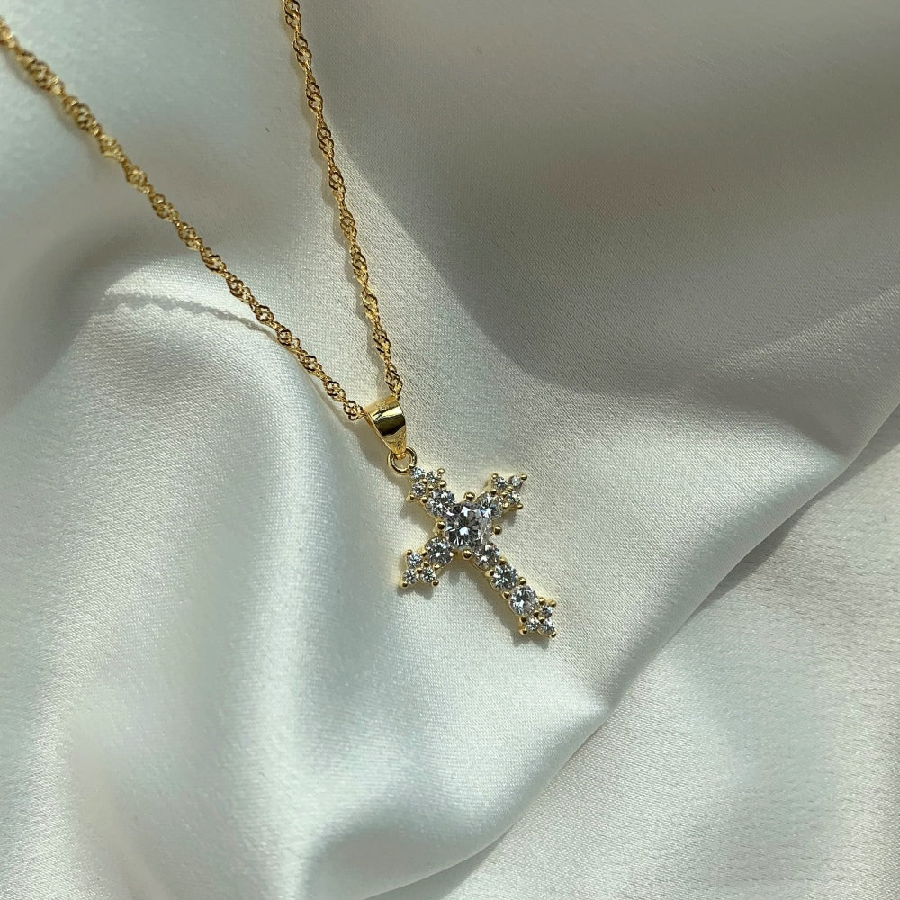 Women's Stackable Religious Cross Pendant Necklace, Zirconia Inlay, S925 with 18K Gold Plating