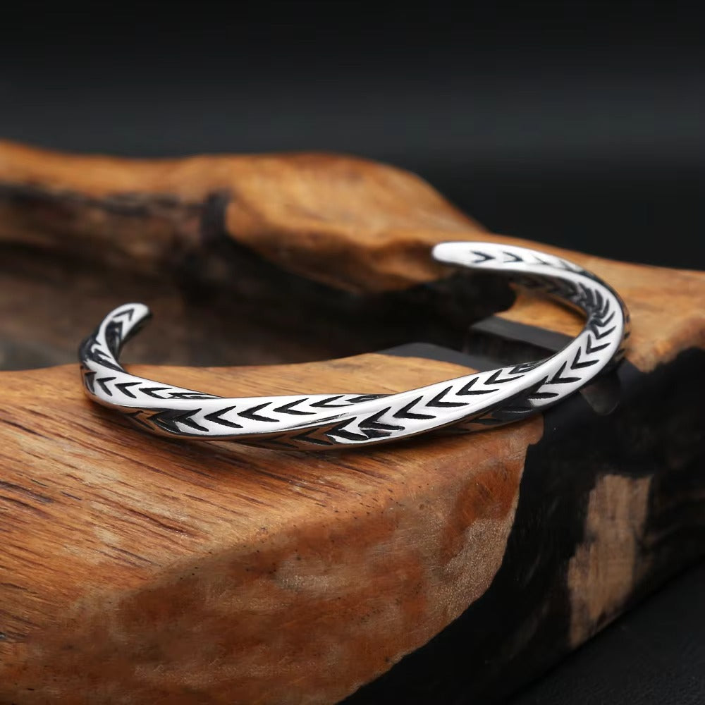 Men's Vintage Antique Finished Stainless Steel Mobius Plain Bangle, Twist Bohemian Style Open Cuff Bracelet