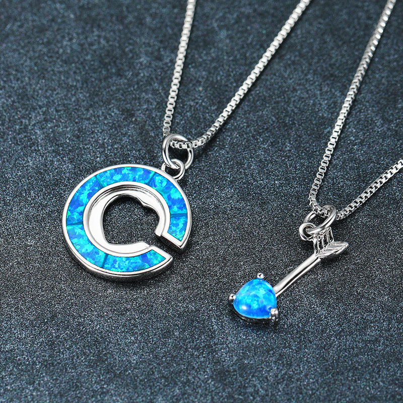 Blue Opal Circle Heart Arrow Necklace