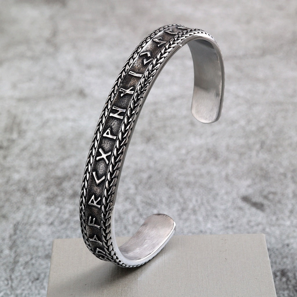 Nordic Retro Viking Runes Open C Bracelet for Men, Vintage Stainless Steel Cuff Bangle