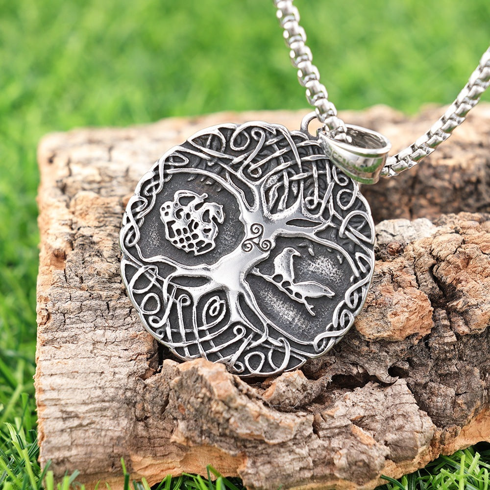 Men's Steel Tree of Life Round Pendant Necklace