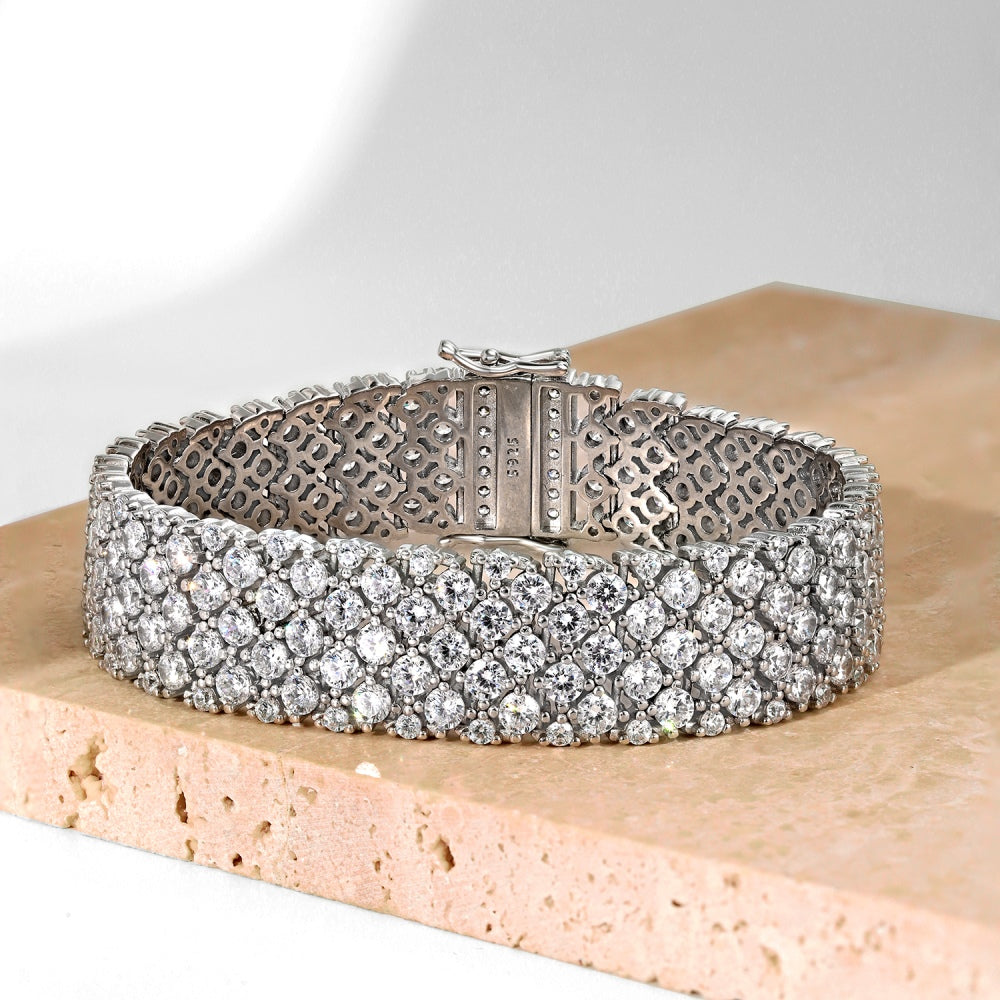 Women's Luxury Wide Tennis Bracelet, Multi‑Row Paved Colorless Zirconia, S925 with White Gold Plating