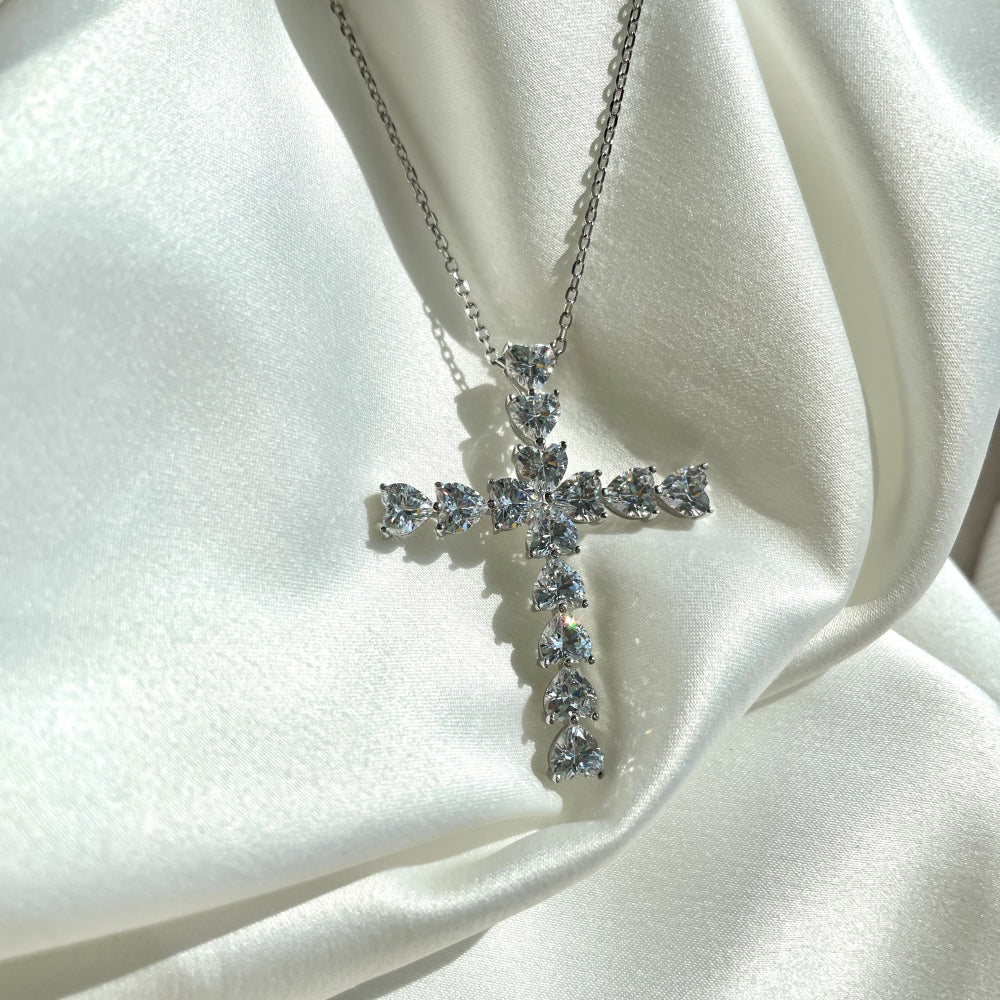 Women's Stylish Cross Pendant Necklace, Heart Shape Zirconia Inlay, S925 with White Gold Plating