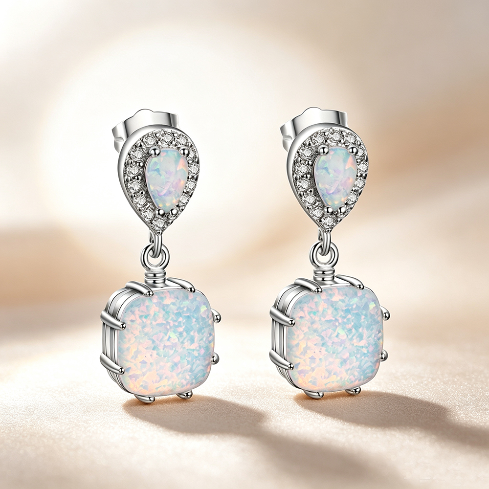 Women's White Gold Plated Teardrop Crystal Halo White Opal Square Dangle Earrings