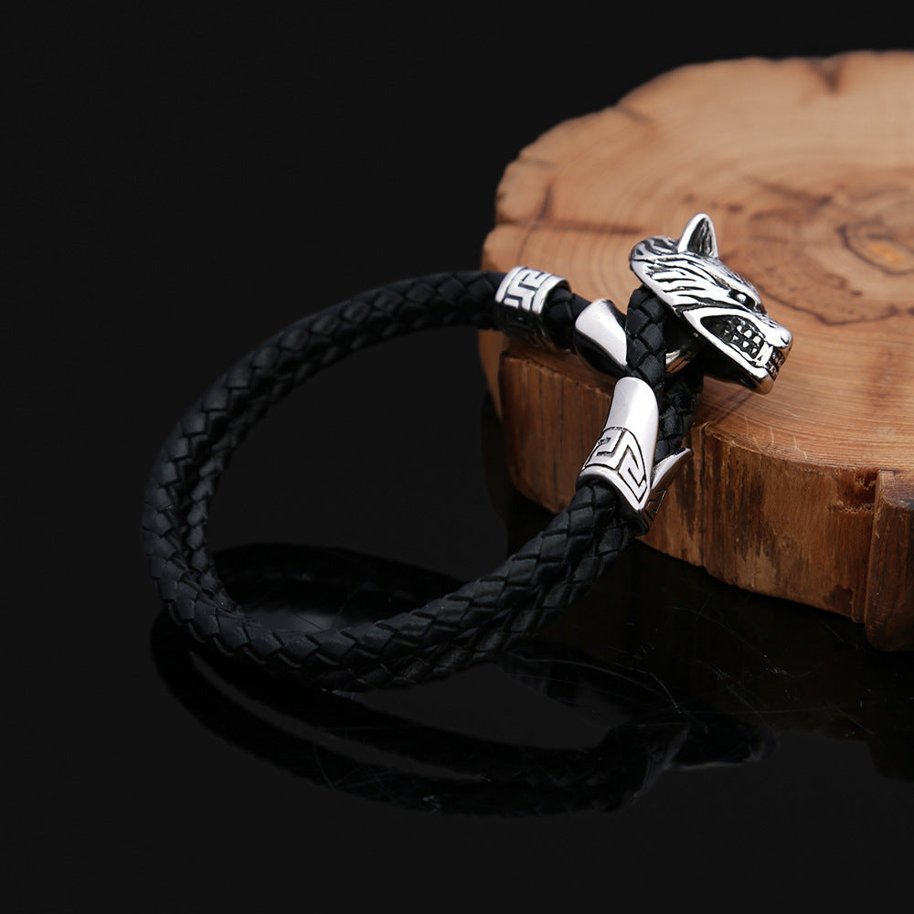 Minimalist Stainless Steel Wolf Head Charm Men Bracelet, Fashion Braided Leather Wrist Jewelry