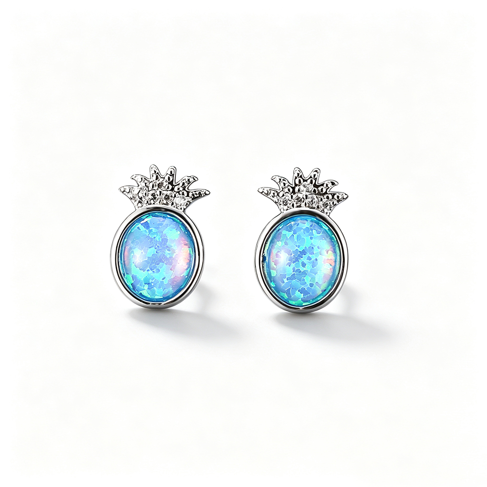 Women's Pineapple Shape Oval Opal Stud Earrings With Round Zirconia Accent, with White Gold Plating