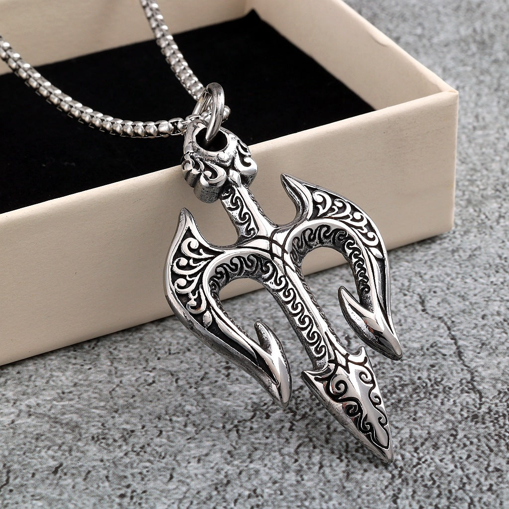Vintage Stainless Steel Men's Trident Pendant Necklace