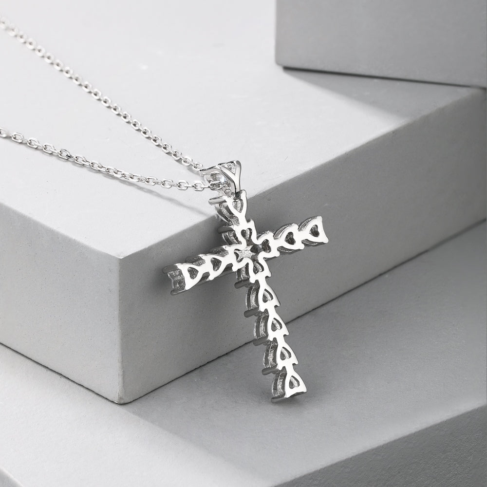 Women's Minimalist Cross Pendant Necklace, Heart Shape Zirconia Inlay, S925 with White Gold Plating