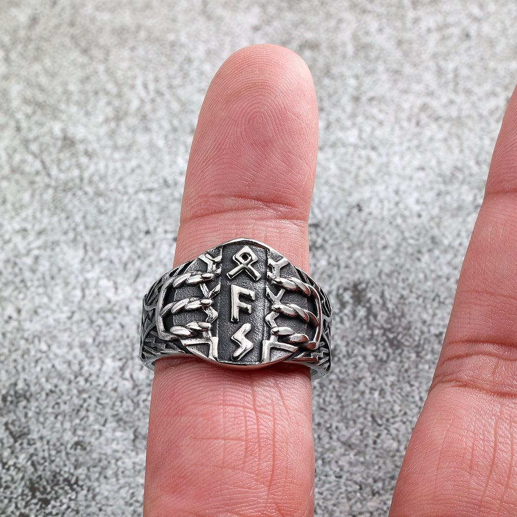 Vintage Solid Stainless Steel Viking Rune Shield Signet Ring for Men