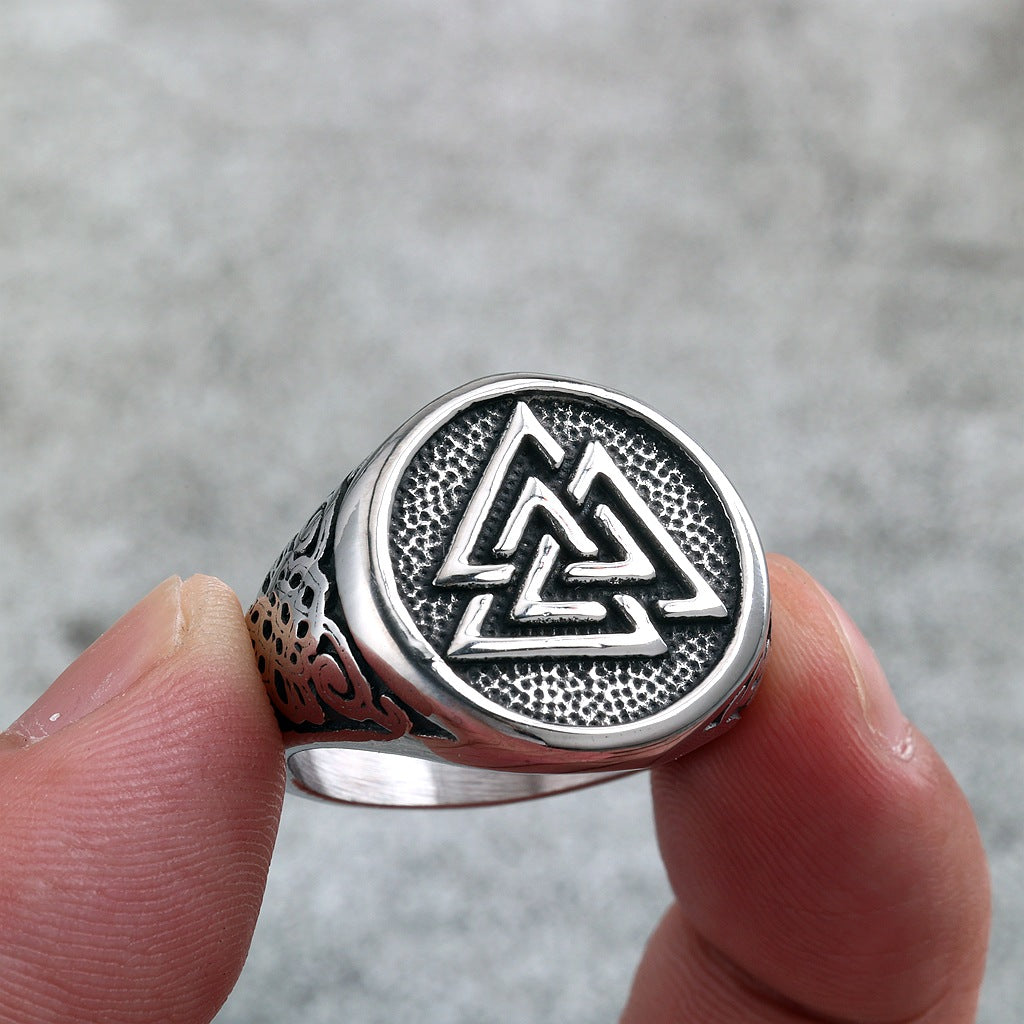 Vintage Solid Stainless Steel Viking Triangle Symbol Round Ring for Men