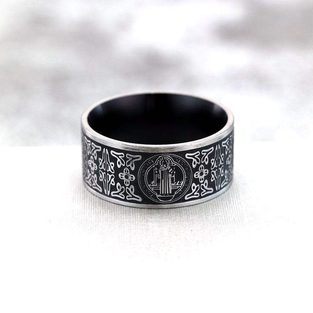 Vintage Stainless Steel Saint Benedict Pattern Exorcist Cross Ring for Men